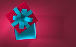 3d geven en trek door maas realistisch geschenk doos met blauw boog. papier rood doos met blauw lint en schaduw. vector illustratie