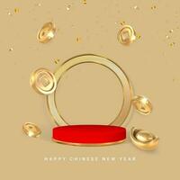 gelukkig Chinese nieuw jaar. stadium voor Product Aan cilinder podium met Aziatisch traditioneel munten. Chinese goud munt met plein gat. vector illustratie