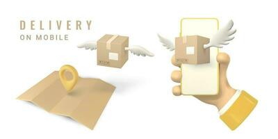 3d pakketten met Vleugels vlieg naar de punt van bestemming van telefoon in hand. levering onderhoud concept. vector illustratie