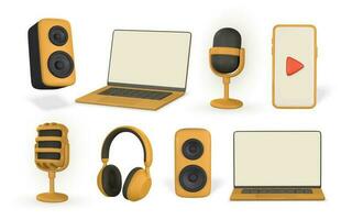 3d realistisch microfoon, smartphone, laptop, koptelefoon en audio spreker in plastic tekenfilm stijl. vector illustratie