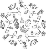 vogels in de tuin bos met bloemen fruit bladeren tropisch overzichtsmonogram kleurplaat vector