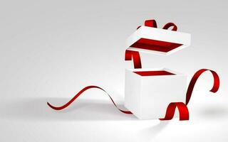 3d realistisch papier wit geschenk doos met rood lint en boog. Open papier doos Aan wit achtergrond. vector illustratie