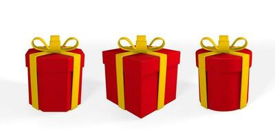 3d realistisch rood geschenk doos met geel lint en boog. papier doos Aan wit achtergrond met schaduw. vector illustratie