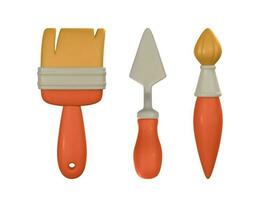 3d realistisch verf borstel, borstel en palet mes in tekenfilm stijl. vector illustratie