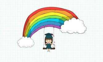 meisje afgestudeerd leerlingen swinging Aan een regenboog, tekening door hand- vector