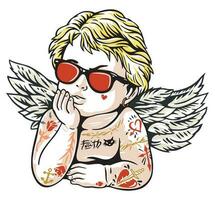 vector kleurrijk illustratie van elegant engel. gestript vertegenwoordiging van een rebel engel met doordringend, zonnebril en tatoeages.