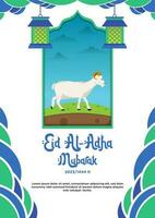 poster sjabloon blauw en groen abstract thema van gelukkig eid al-adha met dier illustratie vector