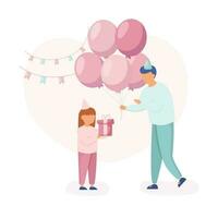 gelukkig verjaardag feest. vader geeft ballonnen naar zijn dochter en weinig roze geschenk doos voor haar verjaardag. kinderen dag concept vector