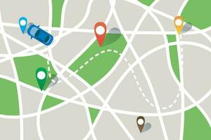 GPS navigatie kaart, kaart app met auto in beweging naar bestemming punt vector