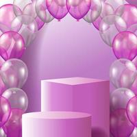 3d kubus en cilinder voetstuk podium podium product display met 3d ballon roze en wit voor bruiloft verjaardag of feestviering vector