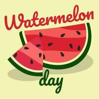 watermeloen dag, augustus 3. achtergrond met Gefeliciteerd voor de Amerikaans vakantie. tekenfilm watermeloen plakjes Aan geel in retro stijl. vector illustratie voor poster, sticker, banier, ansichtkaart