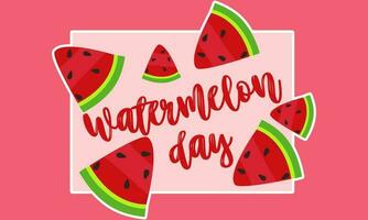 watermeloen dag, augustus 3. achtergrond met Gefeliciteerd voor de Amerikaans vakantie. tekenfilm groot en klein watermeloen plakjes Aan een roze. vector illustratie voor poster, sticker, banier, ansichtkaart