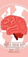 ansichtkaart voor wereld hersenen dag, vector illustratie met een schattig hersenen in tekenfilm stijl Aan de achtergrond van de aarde. juli 22 in roze bloemen met een tekenfilm brein. tinten van roze. geneeskunde menselijk Gezondheid