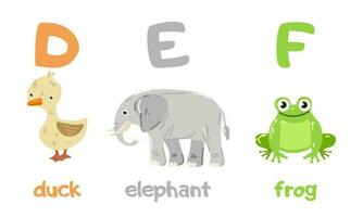 Engels alfabet met een reeks van vector illustraties van schattig dieren. een groep van geïsoleerd hoofdletters brieven met dieren. kinderen doopvont voor kinderen abc boek symbolen pak. eend, olifant, kikker