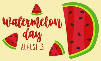 watermeloen dag, augustus 3. achtergrond met Gefeliciteerd voor de Amerikaans vakantie. tekenfilm groot en klein watermeloen plakjes Aan een geel. vector illustratie voor poster, sticker, banier, ansichtkaart