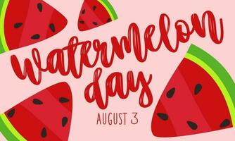 watermeloen dag, augustus 3. achtergrond met Gefeliciteerd voor de Amerikaans vakantie. tekenfilm groot en klein watermeloen plakjes Aan een roze. vector illustratie voor poster, sticker, banier, ansichtkaart