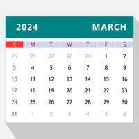 maart 2024 kalender sjabloon. vector ontwerp