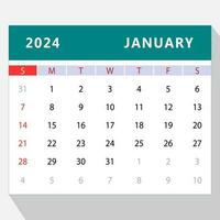 januari 2024 kalender sjabloon. vector ontwerp