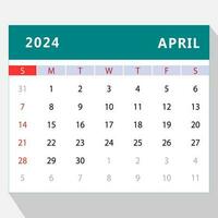 april 2024 kalender sjabloon. vector ontwerp