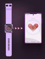 mobiel telefoon en slim kijk maar met cardiologie hartslag indicator. aansluiten, synchroniseren via de app, bijhouden Gezondheid. schattig kleur Purper en roze, vrouw stijl technologie vector