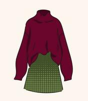 rood Cardigan jasje met groen rok, herfst Look. illustratie voor tijdschriften en winkels vector