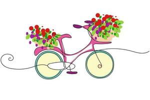 een lijn tekening of doorlopend lijn kunst van fiets vector illustratie. hand- tekening mooi concept schetsen van fiets met bloem mand. gezond levensstijl minimalistische stijl