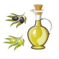 olijf- olie fles met olijf- en mastlijn takken biologisch rauw olijf- olie vector