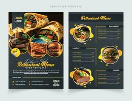 vector menu sjabloon voor restaurant en cafe. menu Hoes ontwerp in zwart en geel met vork en bord mes achtergrond. modern restaurant neuken boekje brochure ontwerp