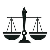 Justitie schalen glyph icoon. silhouet symbool. gelijkwaardigheid. oordeel. negatieve ruimte. vector geïsoleerde illustratie