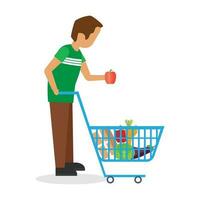 jong gelukkig Mens en Dames met vol boodschappen doen kar. vlak ontwerp. vector illustratie.