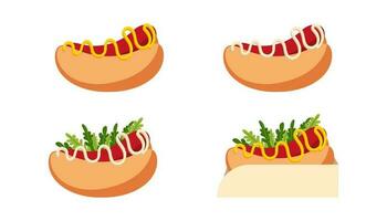 heet hond, snel voedsel, vector illustratie, heet hond met mosterd en mayonaise in de pakket