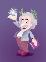 tekenfilm van wetenschapper ontdekking. albert Einstein afgebeeld in een tekenfilm stijl, draag- een lichtgevend symbool van een atoom bovenstaand de palm van zijn hand- - september 2017. vector