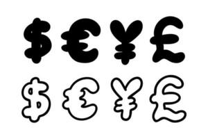 kattebelletje valuta geld financiën teken pictogrammen euro, dollar, yen, pond set. vector illustratie in hand- getrokken tekenfilm tekening stijl geïsoleerd Aan wit achtergrond. voor presentatie, banken, bedrijf, logo.