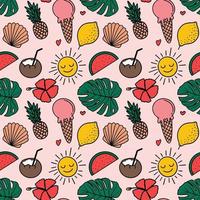 zomer tropisch naadloos patroon in doodle eenvoudige stijl met fruit ijs zon en bladeren and vector