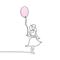 ononderbroken lijn van meisje die roze ballon speelt Enkele lijn van vrouw die roze ballon vasthoudt die op witte achtergrond wordt geïsoleerd vector