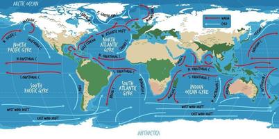 de oceaan huidige wereldkaart met namen vector