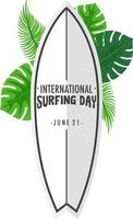 internationale surfdag lettertype op surfplank banner met tropische bladeren geïsoleerd vector