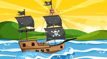 oceaan met piratenschip in de scène van de zonsondergangtijd in cartoonstijl vector