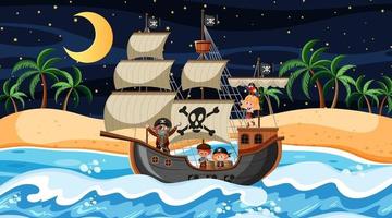 strand met piratenschip bij nachtscène in cartoon-stijl vector