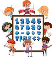 nummer 0 tot 9 en wiskundige symbolen op banner met veel kinderen die verschillende activiteiten doen vector