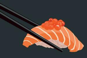 sushi met Zalm en rijst- in eetstokjes Aan donker achtergrond vector