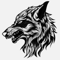 hoofd woest wolf agressief brullend, schets silhouet Aan een zwart achtergrond voor tatoeages en t-shirt ontwerp vector