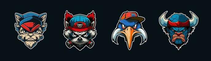 tekenfilm dier hoofd, rood en blauw sport logo verzameling met wit geschetst. boos gezicht van pelikaan, buffel, wild kat en wasbeer karakters. sport team mascotte set. vector illustratie