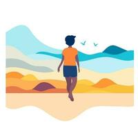 webde jongen is wandelen langs de kust. zomer humeur. vakantie Bij zee. zonsondergang. tekenfilm illustratie Aan wit achtergrond vector