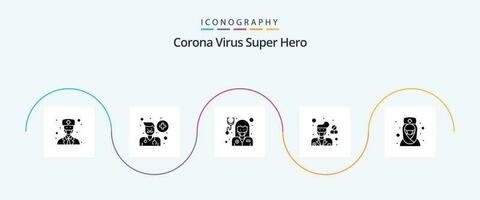 corona virus super held glyph 5 icoon pak inclusief dokter. apotheker. senior. ziekenhuis. dame dokter vector