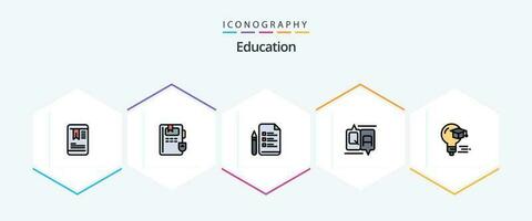 onderwijs 25 gevulde lijn icoon pak inclusief diploma uitreiking. kap. pen. lamp. onderwijs vector