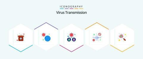 virus transmissie 25 vlak icoon pak inclusief glas. waarschuwing. bacteriën. reizen. vlak vector