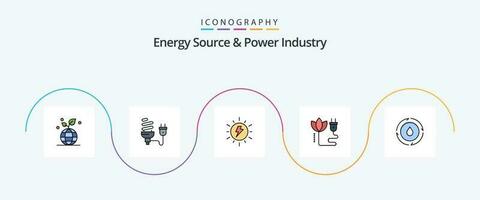 energie bron en macht industrie lijn gevulde vlak 5 icoon pak inclusief kabel. biomassa. licht lamp. opladen. zonne- vector
