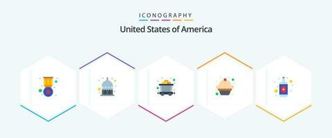Verenigde Staten van Amerika 25 vlak icoon pak inclusief . fles. kar. alcohol. toetje vector