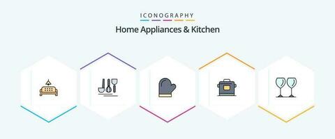 huis huishoudelijke apparaten en keuken 25 gevulde lijn icoon pak inclusief glas . rijst. handschoen. keuken. oven vector